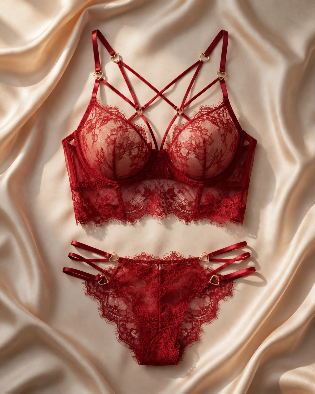 RSVP Cherry Strappy Lace Bra & Panty Set · Red